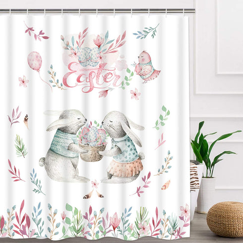 Happy Easter Day Shower Curtain with 12 Hooks, Cute Rabbits and Easter Eggs Shower Curtain, Waterproof Durable Flower Plant Shower Curtain for Easter Day Bathroom Decoration