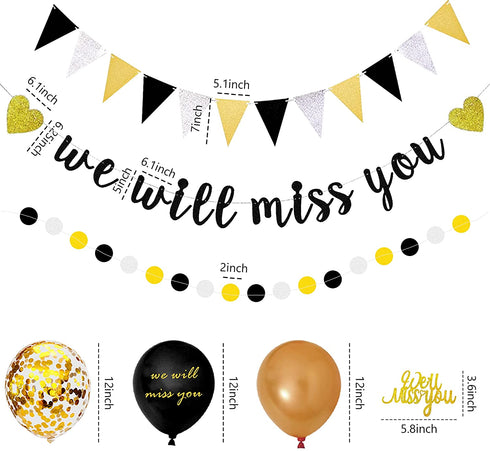 We Will Miss You Banner Coworker Going Away Farewell Decorations Gold Black Glitter Dot Circle Garland Triangle Flag Banner For Goodbye, Retirement, Job Change, later traitor party supplies