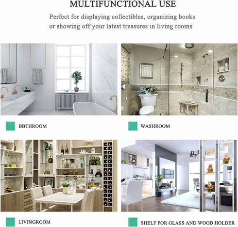 DOKU 4Pcs Adjustable 304 Stainless Steel Glass Clip Clamp Support 0.32"(8mm)-0.48"(12mm) Glass Shelf Brackets, Space Saving Bathroom Wall Mounted, Brushed Finished