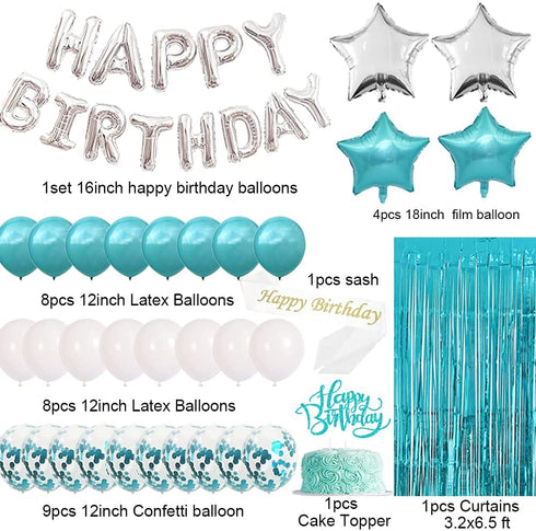 Teal Blue Birthday Decorations for Women Girl - Teal Blue and Silver Birthday Balloons Kit,Turquoise Birthday Party Decoration