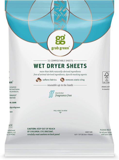 Grab Green Natural Wet Dryer Sheets, Unscented/Free & Clear, Fabric Softener & Static-Reducer, 64 Loads, Reusable & Compostable, Fragrance Free