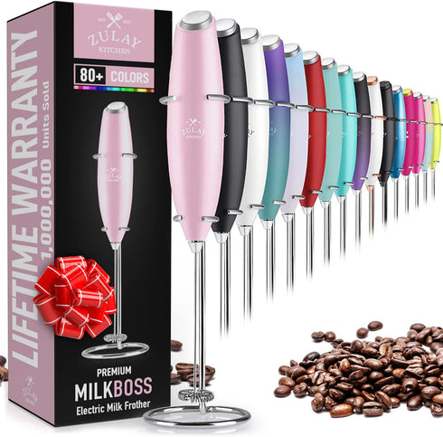 Zulay Original Milk Frother Handheld Foam Maker for Lattes - Whisk Drink Mixer for Coffee, Mini Foamer for Cappuccino, Frappe, Matcha, Hot Chocolate by Milk Boss (Cotton Candy)