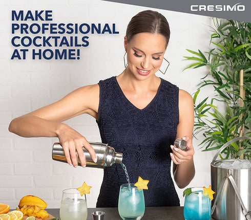 Large Cocktail Shaker Set: 24oz Stainless Steel Martini Shaker Drink Mixer Set with Alcohol Bar Tools: Ice Strainer, Jigger, Bar Spoon, Craft Cocktail Kit Recipe Guide - Mixology Bartender Kit - Cresimo