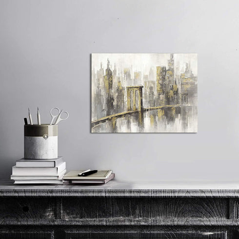 ARTISTIC PATH Modern City Canvas Wall Art: Abstract Cityscape Artwork Industrial Style Bridge Painting Prints for Bedroom (16" W x 12" H, Multi-Sized)