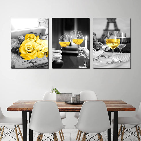 Yellow Kitchen Decor Yellow Rose Kitchen Wall Art Dining Room Decor Wine Glass Kitchen Wall Decor Black and White Canvas Wall Art Paintings Prints Pictures Framed Artwork for Home Kitchen Decorations (yellow rose, 12 INx16 INx3PCS(30cmx40cmx3)