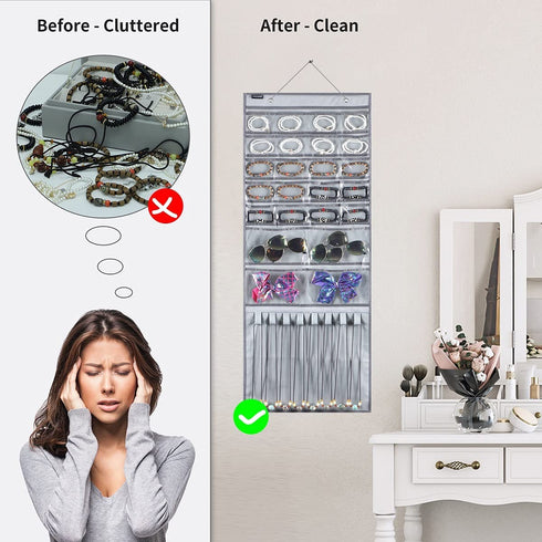 ANZORG Over The Door Hanging Jewelry Organizer Wall Mounted Earring Holder with 24 Clear Pockets and 8 Hook Loops for Necklace Bracelet Ring (24 Pockets and 8 Hook Loops-Grey)