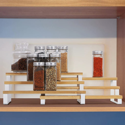 MOOACE 3 Tier Expandable Spice Organizer (15.35"-22.2"L), Bamboo Spice Rack Organizer for Cabinet Countertop Pantry, Set of 2 (White)