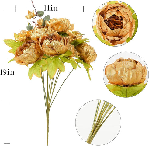 Nubry 2pcs Artificial Peony Silk Flowers Bouquet for Wedding Home Garden Decoration (Gold)