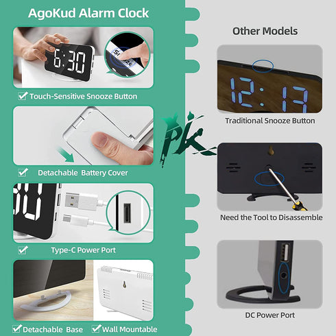 Digital Alarm Clock, 7" Large LED Mirror Electronic Clocks?Bedside Clock with Touch Snooze, Dual USB Charge, Auto Adjustable Brightness, Desk Wall Modern Clocks for Bedrooms Living Room Office(White)