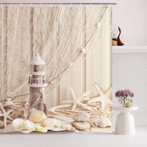 Nautical Shower Curtain Coastal Sea Shell Fishing Net Marine Ocean Beach Theme Bathroom Decor Lighthouse Starfish Bathroom Accessory with Hooks