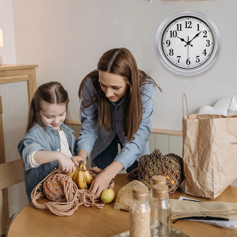 12 Inch Retro Wall Clock Silent Non Ticking Battery Operated Movement Easy to Read Wall Clocks Decorate for Bedroom Living Room Kitchen Office(Silver)