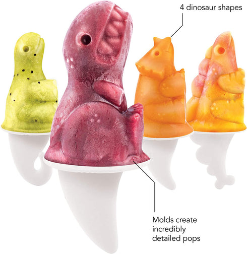 Tovolo Dino Ice Pop Molds, Flexible Silicone, Easily-Removable, Dishwasher Safe, Set of 4 Popsicle Makers with Sticks