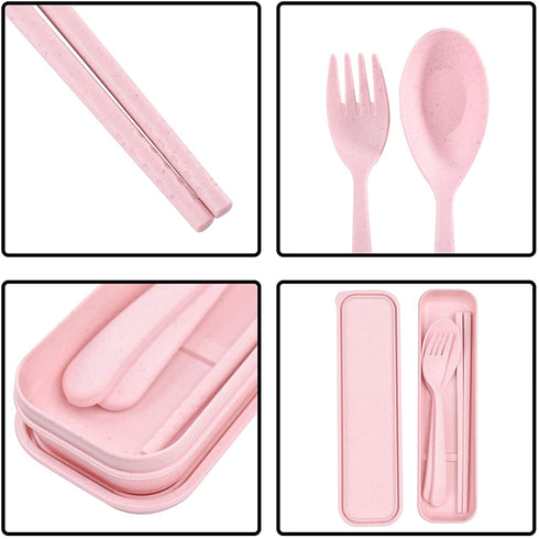 Lnrkai Travel Utensil Set with Case, 4 Sets Wheat Straw Reusable Spoon Chopstick Forks Tableware, Eco Friendly Non-Toxin BPA Free Portable Cutlery for Kids Adult Travel Picnic Camping or Daily Use
