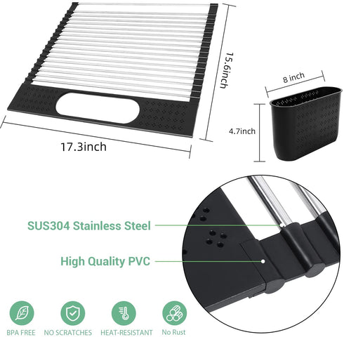 Roll Up Dish Drying Rack with Utensil Holder, Ohuhu Sink Dish Drying Rack 17.3" L x 15.6" W Dish Drainer Multipurpose Collapsible Dish Racks for Kitchen Counter Organizer