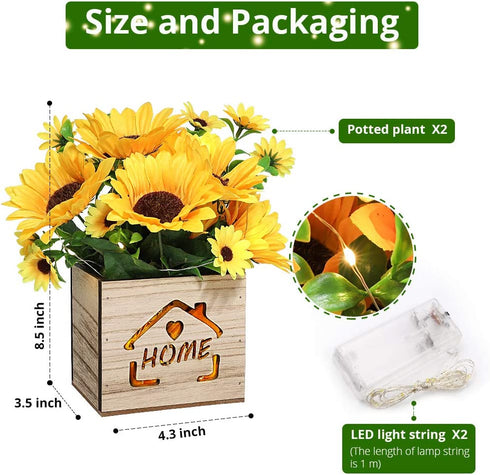 AceList 2 Pcs Decorative Fake Flowers with Led Lights in Wooden Box, Artificial Sunflowers Pot, Artificial Sunflower with Vase for Home Office Desk Kitchen Decoration, Valentine's Day/Mother's Day