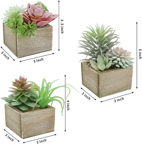 Mingfuxin Artificial Succulents Plants, Mini Assorted Green Faux Succulents in Pots, Small Succulents Plants Artificial with Wood Potted for Home Office Living Room Table Desk Plants Decor, Set of 3