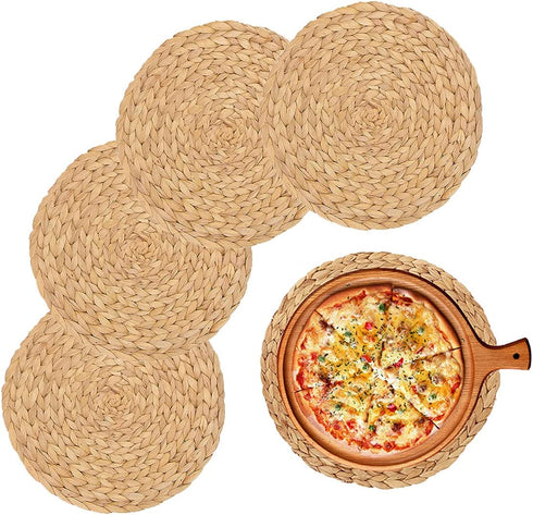 WENFOME 4 Pack Water Hyacinth Woven Placemats, 11.8 inches Natural Water Hyacinth Weave Placemat Set Round Braided Rattan Tablemats Insulation Pads for Cooking and Baking (4, 11.8 Inch)