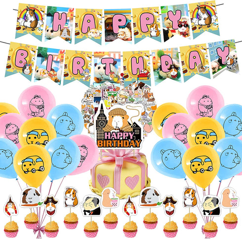 82 Pcs Guinea Pig Theme Birthday Party Decorations,Party Supply Set for Kids with 1 Happy Birthday Banner Garland , 13 Cupcake Toppers,50 Stickers ,18 Balloons for Party Decorations