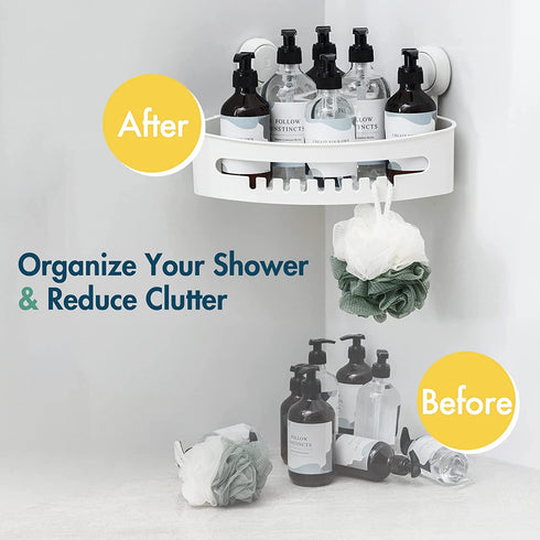 TAILI Suction Corner Shower Caddy Corner Shower Shelf Shower Basket Wall Mounted Shower Holder Organizer for Shampoo, Plastic White Shower Suction Caddy for Kitchen & Bathroom, Drill-Free Removable