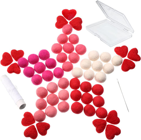 63 Pieces Wool Felt Balls and Felt Hearts Set Pom Poms Balls 15 Pcs Heart Shape Felt Wool Balls Valentine's Day Felt Balls DIY Decorative Felt Balls Crafts with Sewing kit for Garland Home Decor