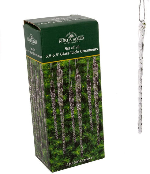 24 piece Set Kurt Adler 3.5"-5.5" Assorted Clear Glass Icicle Ornaments - Set of 2