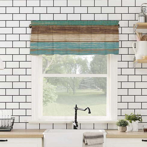 Teal Turquoise Curtain Valance for Windows/Living Room/Kitchen/Bathroom/Farmhouse, Rustic Wood Board Green Brown Short Rod Pocket Tier Curtain Window Treatment, 1 Panel 54x18