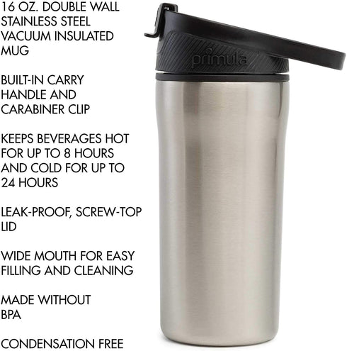 Primula Commuter Thermal Coffee Mug Water Bottle with Multifunction Carabiner Lid, 16 Oz, Brushed Stainless Steel