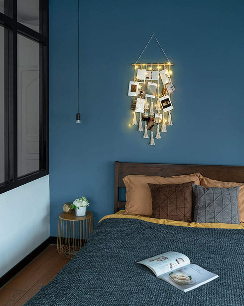 Mkono Boho Gift Macrame Hanging Photo Display with String Lights Boho Wall Decor Pictures Christmas Cards Holder with 30 Clips for Bedroom, Living Room, Dorm, Nursery Decor, Gift Idea