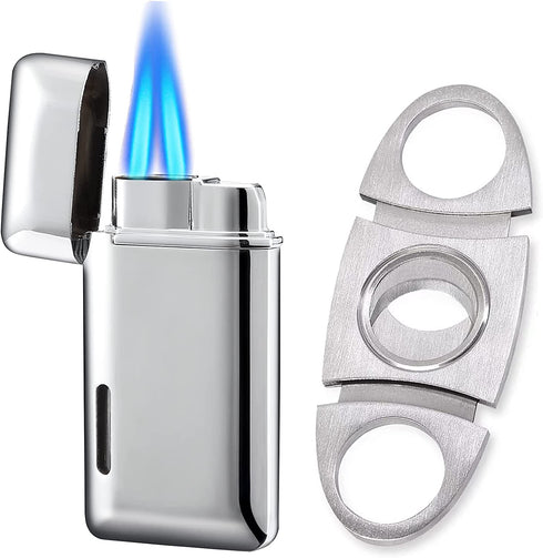 Bbsisgo Torch Lighter, Cigar Cutter and Lighter Set, Double Jet Flame Butane Lighter with Visible Window, Refillable Windproof Lighter, Gifts for Men(Sold Without Gas) (Silver)