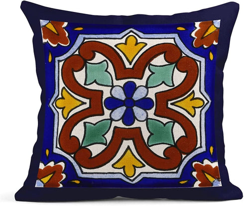 Semtomn Set of 4 Linen Throw Pillow Covers Spanish Talavera Exotic Geometry Dark Retro Ethnic Home Decorative 20"x20" Flax Pillow Cases Cushion Square Pillowcases