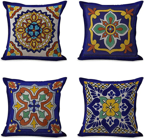Semtomn Set of 4 Linen Throw Pillow Covers Spanish Talavera Exotic Geometry Dark Retro Ethnic Home Decorative 20"x20" Flax Pillow Cases Cushion Square Pillowcases