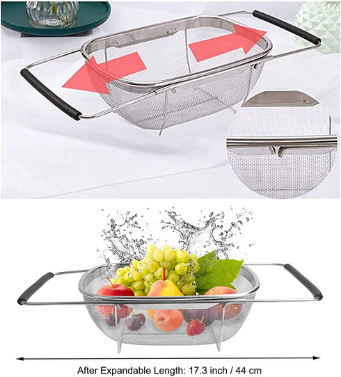 AJIODA Over The Sink Colander, 4 Quarts Stainless Steel Oval Colander with Expandable Rubber Grip Handles, Fine Mesh Strainer Baskets Kitchen Colander for Strain, Drain, Rinse Vegetables, Fruits