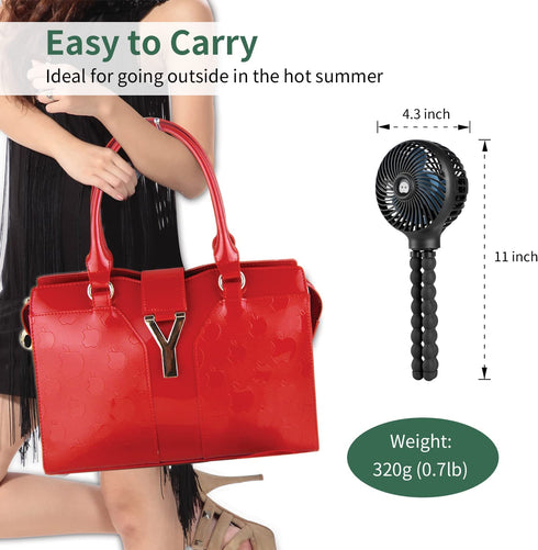 Mini Handheld Personal Portable Fan, Baby Stroller Fan, Car Seat Fan, USB or 4000mAh Battery Powered, with Flexible Tripod Clip on Student Bed Desk Peloton Bike Crib Treadmill Camping Traveling(Black)