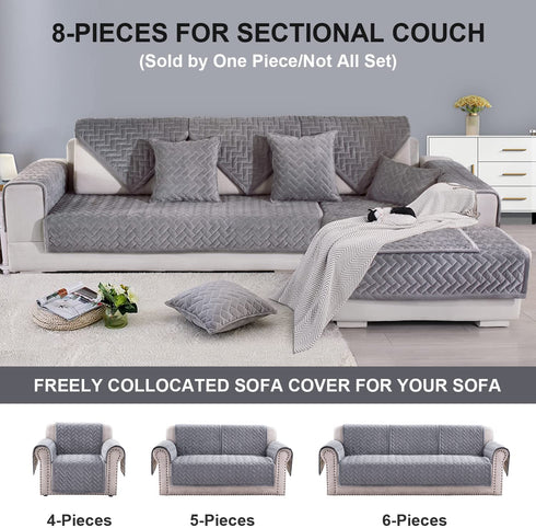 OstepDecor Sofa Armrest Covers, Backrest Covers, Quilted Sectional Couch Covers, Velvet Sofa Cover for Dogs Cats Pet Love Seat Leather L Shaped, Gray 36 x 36 Inches