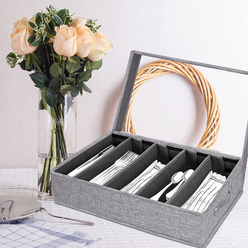Flatware Storage Case - 5 Compartment Tableware Cutlery Container Chest with Removable PVC Lid and Easy to Carry Handles,Large Capacity Utensils,Silverware,Flatware Box(Light Grey)