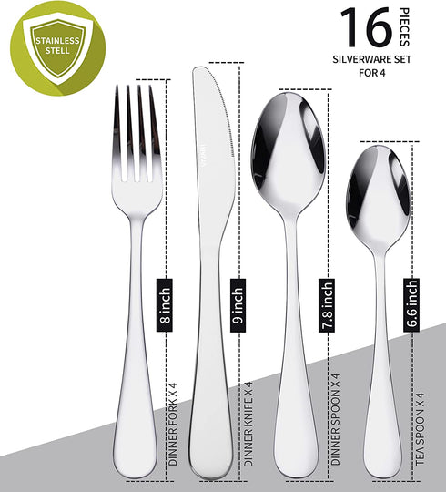 VIVANI 16 Piece Silverware Set, Flatware Sets for 4, Cutlery Set, Kitchen Utensil Sets, Spoons and Forks Set (V002)