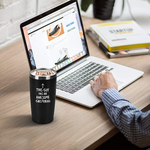 Qtencas Valentine's Day Gifts for Boyfriend Travel Tumbler, This Guy Has an Awesome Girlfriend Stainless Steel Insulated Tumbler with 2 Lids, Boyfriend Men Birthday Gifts Tumbler(Black, 20oz)