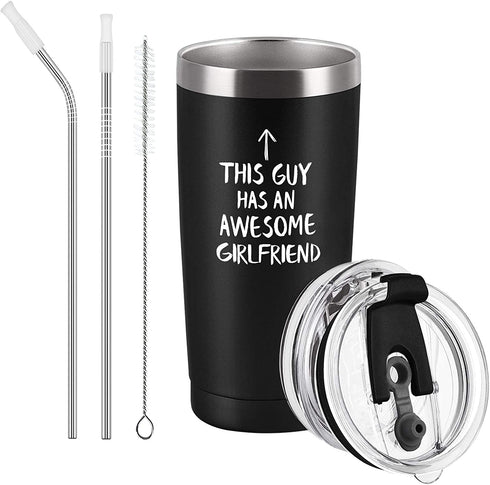 Qtencas Valentine's Day Gifts for Boyfriend Travel Tumbler, This Guy Has an Awesome Girlfriend Stainless Steel Insulated Tumbler with 2 Lids, Boyfriend Men Birthday Gifts Tumbler(Black, 20oz)
