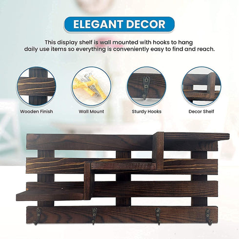 Hivory Wall Mounted Display Shelf with Key Holder ~ 4 Key Hooks Wall Organizer ~ Entryway Decorative Shelf with Hooks ~ Wooden Wall Mount Organizer for Keys (Rustic Brown)