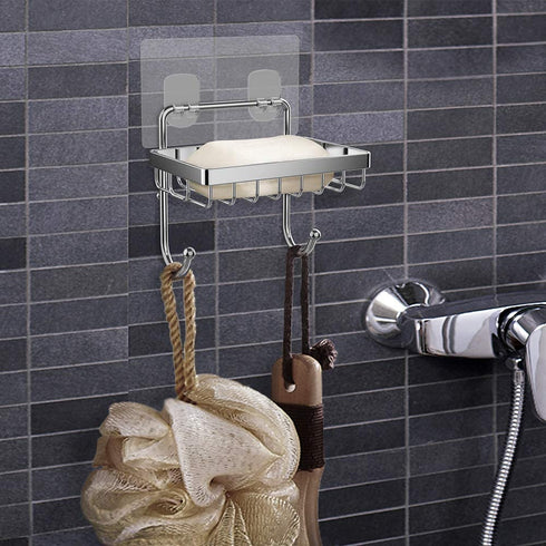 ODesign Soap Dish Sponge Holder with Hook for Bathroom Shower Kitchen Wall Mounted Rustproof Stainless Steel - Adhesive No Drilling