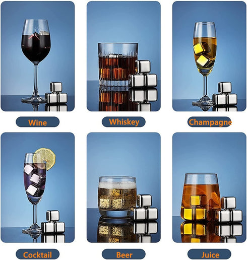 Das TooKii Whiskey Stones Gift Set, 12PCS Stainless Steel Ice Cube Reusable, Cooling Whisky Rocks, Metal Ice Cubes Chilling Stones, Drink Wine Cooler with Ice Tongs, Freezer Storage Tray, Freezer Bag
