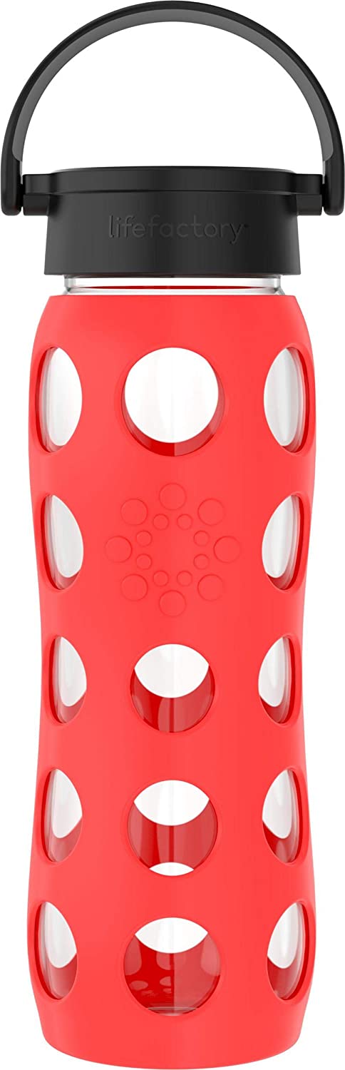Lifefactory 22-Ounce BPA-Free Glass Water Bottle with Classic Cap and Protective Silicone Sleeve, Poppy