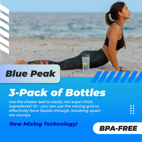 BluePeak Protein Shaker Bottle 28 oz with Dual Mixing Technology, Strong Loop Top, BPA Free, Shaker Balls & Mixing Grids Included - On-The-Go Large Protein Shakers (3 Pack - Black, Yellow, Pink)