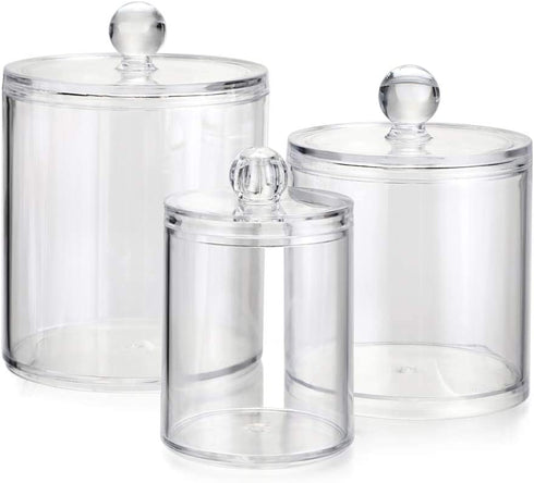 Hipiwe Set of 3 Cotton Ball and Swab Organizer with Lid - Apothecary Acrylic Jar Makeup Cotton Organizer Q-Tips Holder Bathroom Vanity Storage Canister Jar for Cotton Rounds Pads