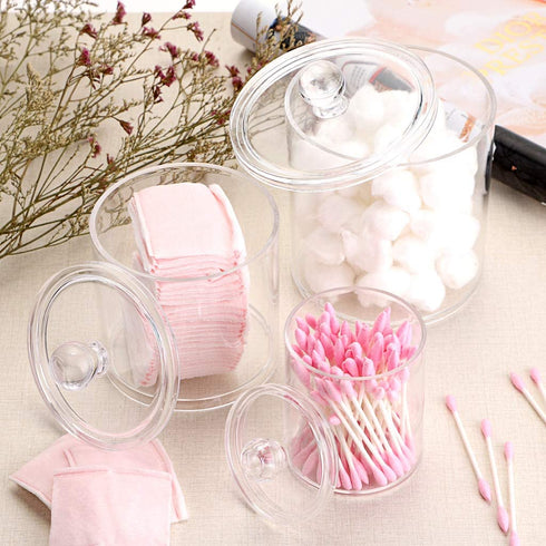 Hipiwe Set of 3 Cotton Ball and Swab Organizer with Lid - Apothecary Acrylic Jar Makeup Cotton Organizer Q-Tips Holder Bathroom Vanity Storage Canister Jar for Cotton Rounds Pads