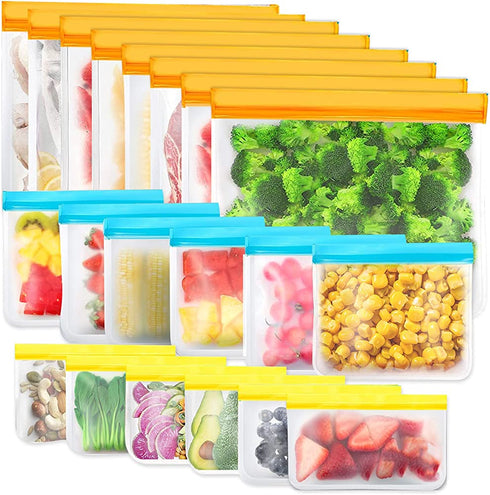 Reusable Storage Bags, 20 Pack BPA Free PEVA Reusable Freezer Bags,Reusable Gallon Bags, Reusable Sandwich Bags, Silicone Food Bags for Women, Men and Kids (20Pack-8 Gallon +6 Sandwich +6 Snack)