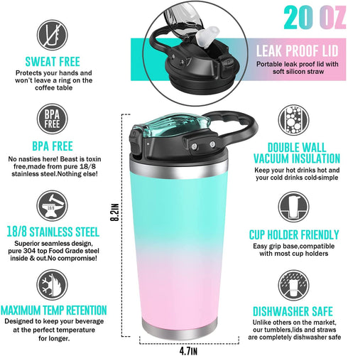 physiuo Stainless Steel Tumbler with Lid and Straw 20oz, Vacuum Insulated Coffee Tumbler Cup, Travel Coffee Mug, Double Wall Travel Mug with Splash Proof Lid, Ombre