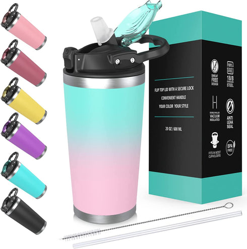 physiuo Stainless Steel Tumbler with Lid and Straw 20oz, Vacuum Insulated Coffee Tumbler Cup, Travel Coffee Mug, Double Wall Travel Mug with Splash Proof Lid, Ombre