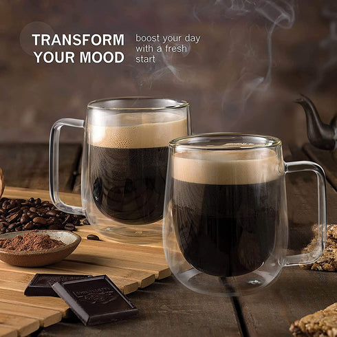 12 oz Double Walled Glass Coffee Mugs with Handle, Thermal Insulated and No Condensation Clear Coffee Mug, Glass Cups for Americano, Latte, Espresso, Cappuccinos Beverage and Tea
