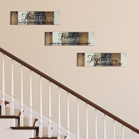 3 Pieces This is Us Sign Rustic Family Home Decor Wooden Sign Together Hanging Wall Decorations for Living Room Kitchen Bedroom Laundry Bathroom Office House Warming (Brown, Beige, Gray)